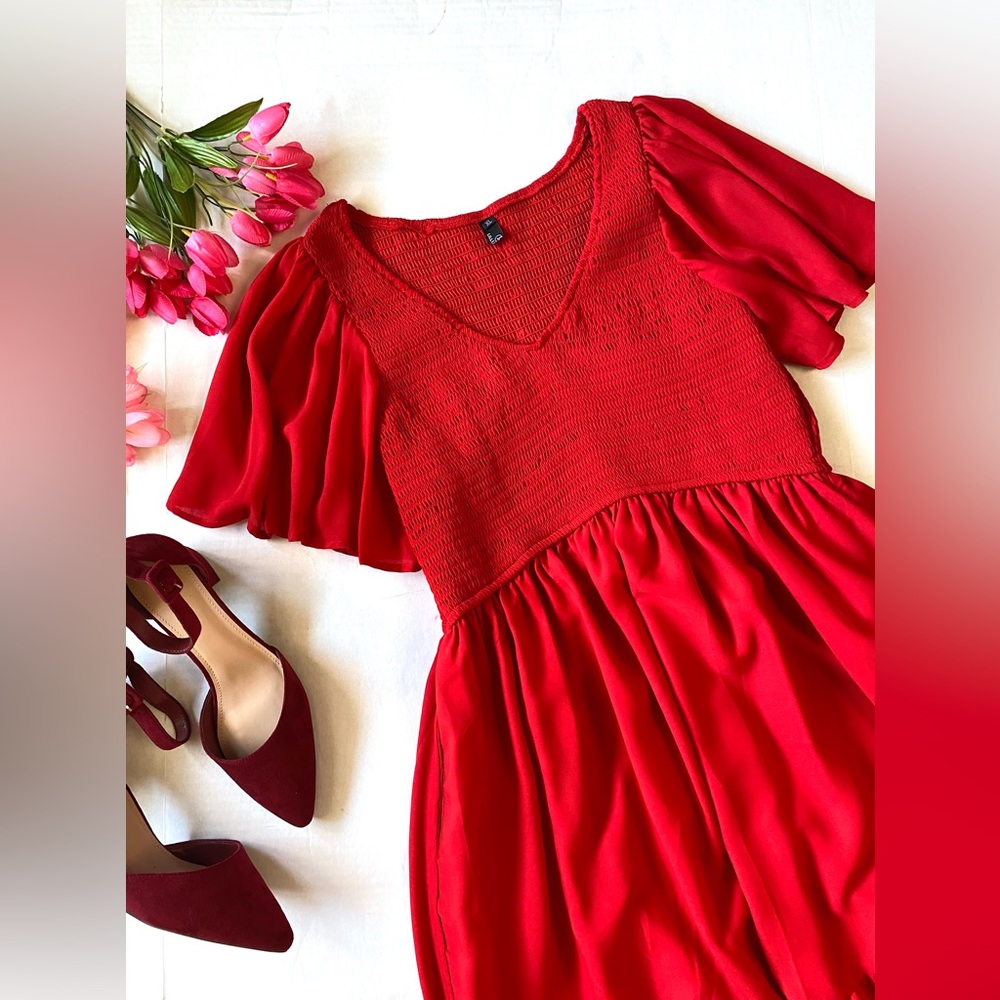 Smocked Flutter Sleeve Red Dress XL